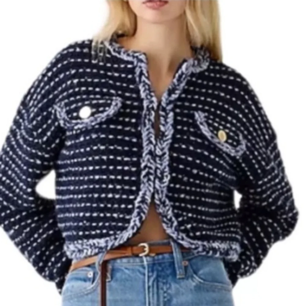 J. Crew Cropped Marled Yarn Navy Blue Merino Wool Alpaca Lady Jacket Blazer - Picture 1 of 13